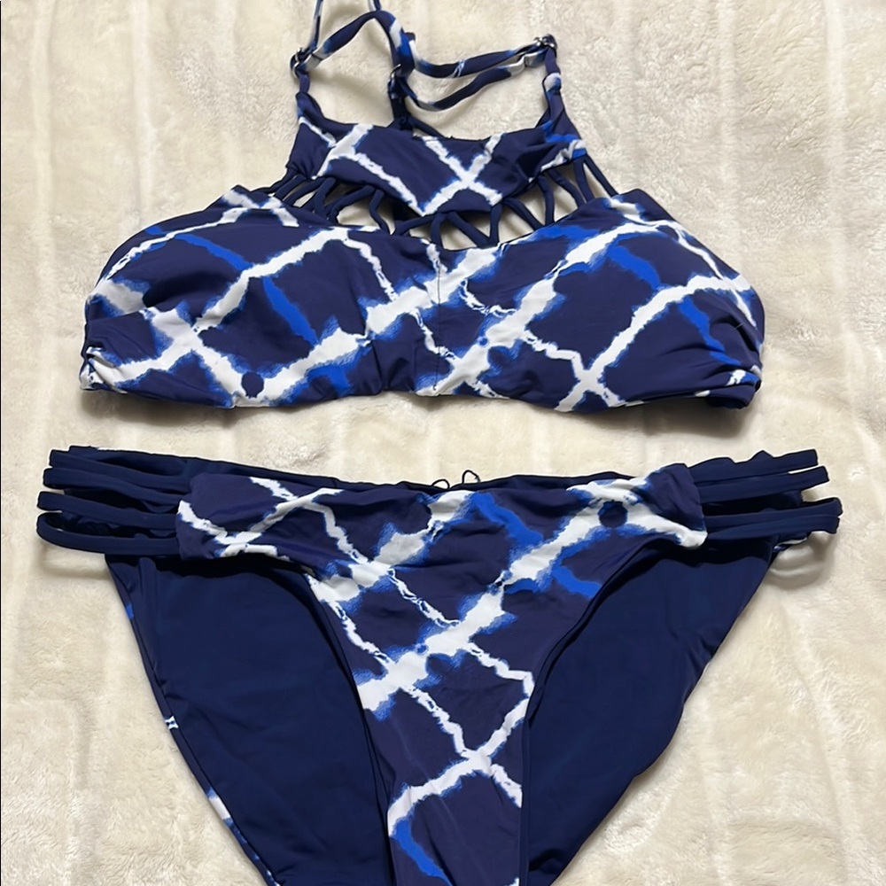 Women's Blue and White Strappy Bikini Set